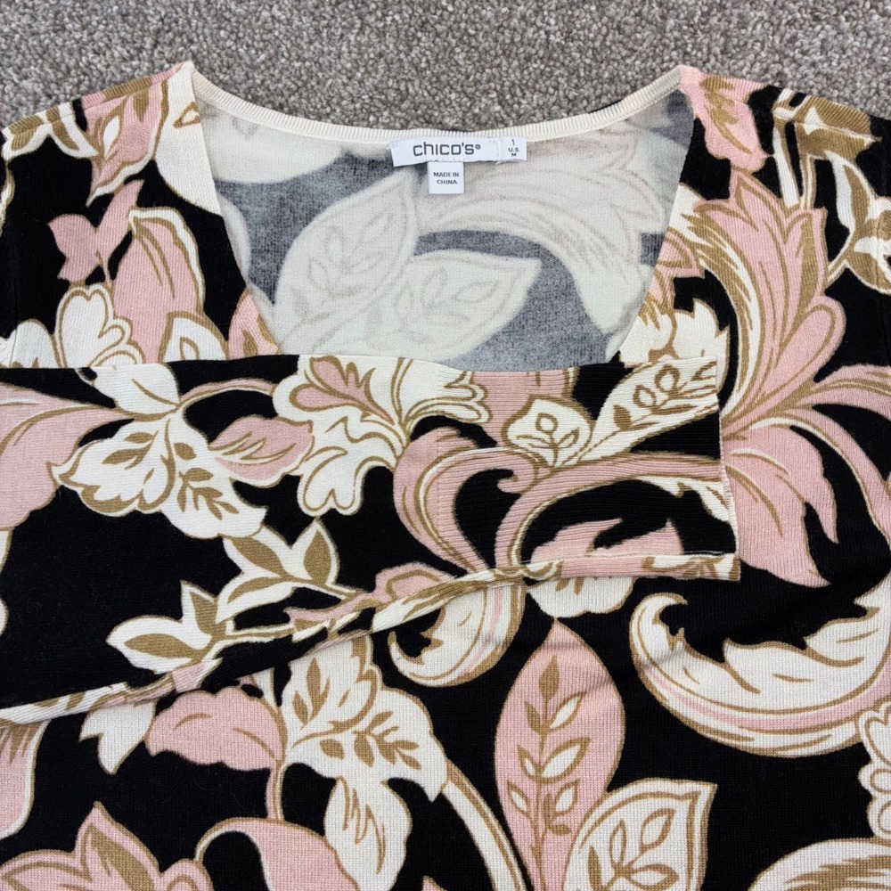Chicos Womens M Print Scroll V Neck Long Sleeve Sweater Career